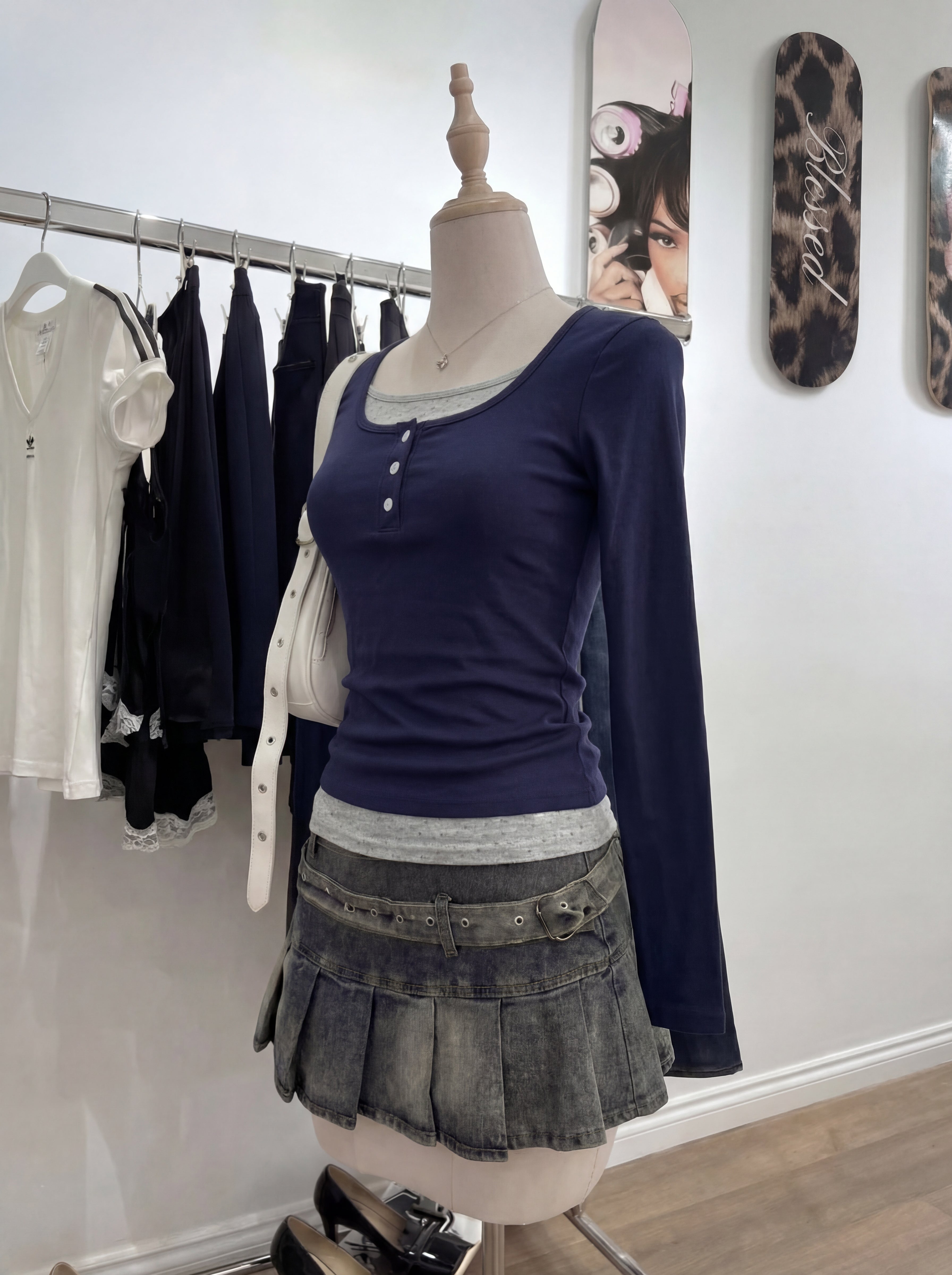 NAVY/BLACK LAYERED HENLEY LONG SLEEVE TOP