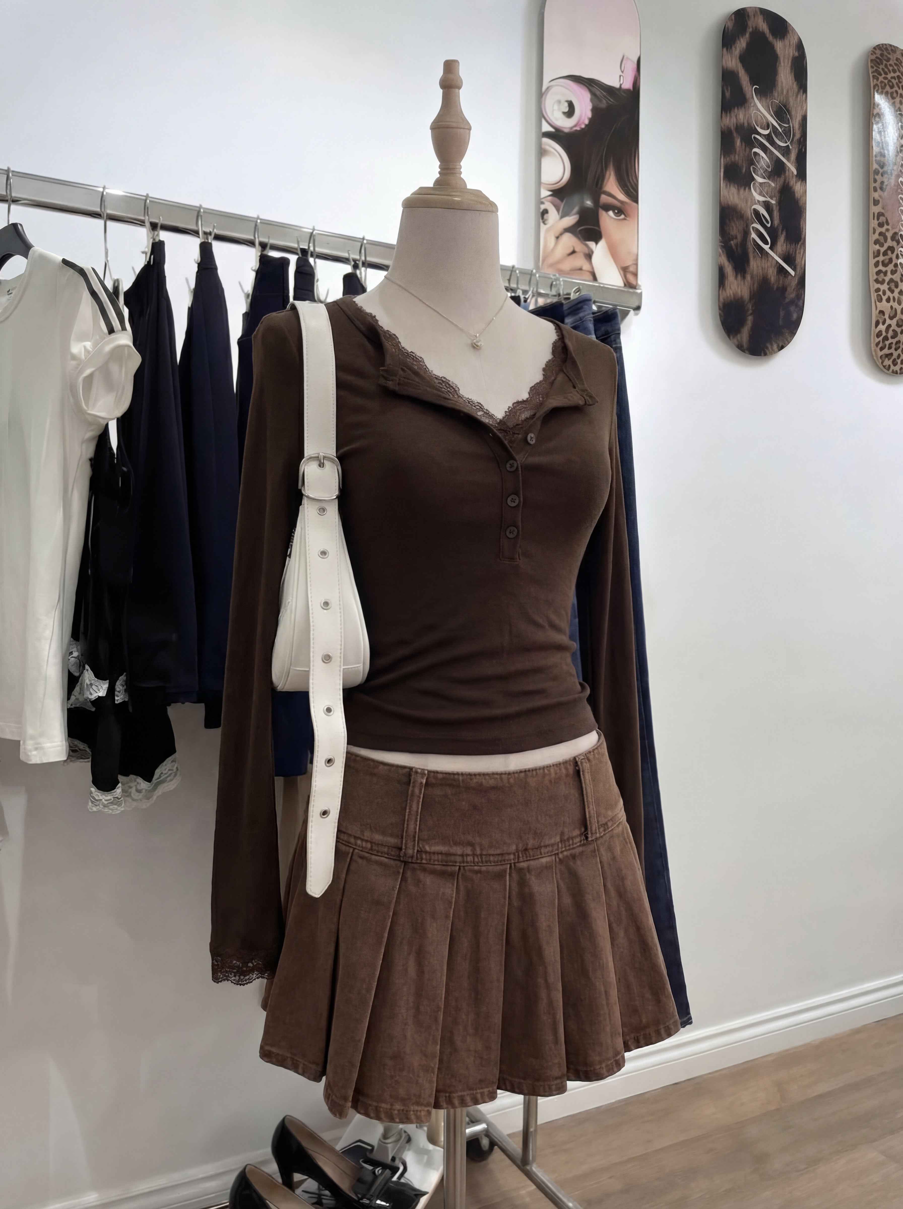 BROWN LACE TRIM LONG SLEEVE TOP