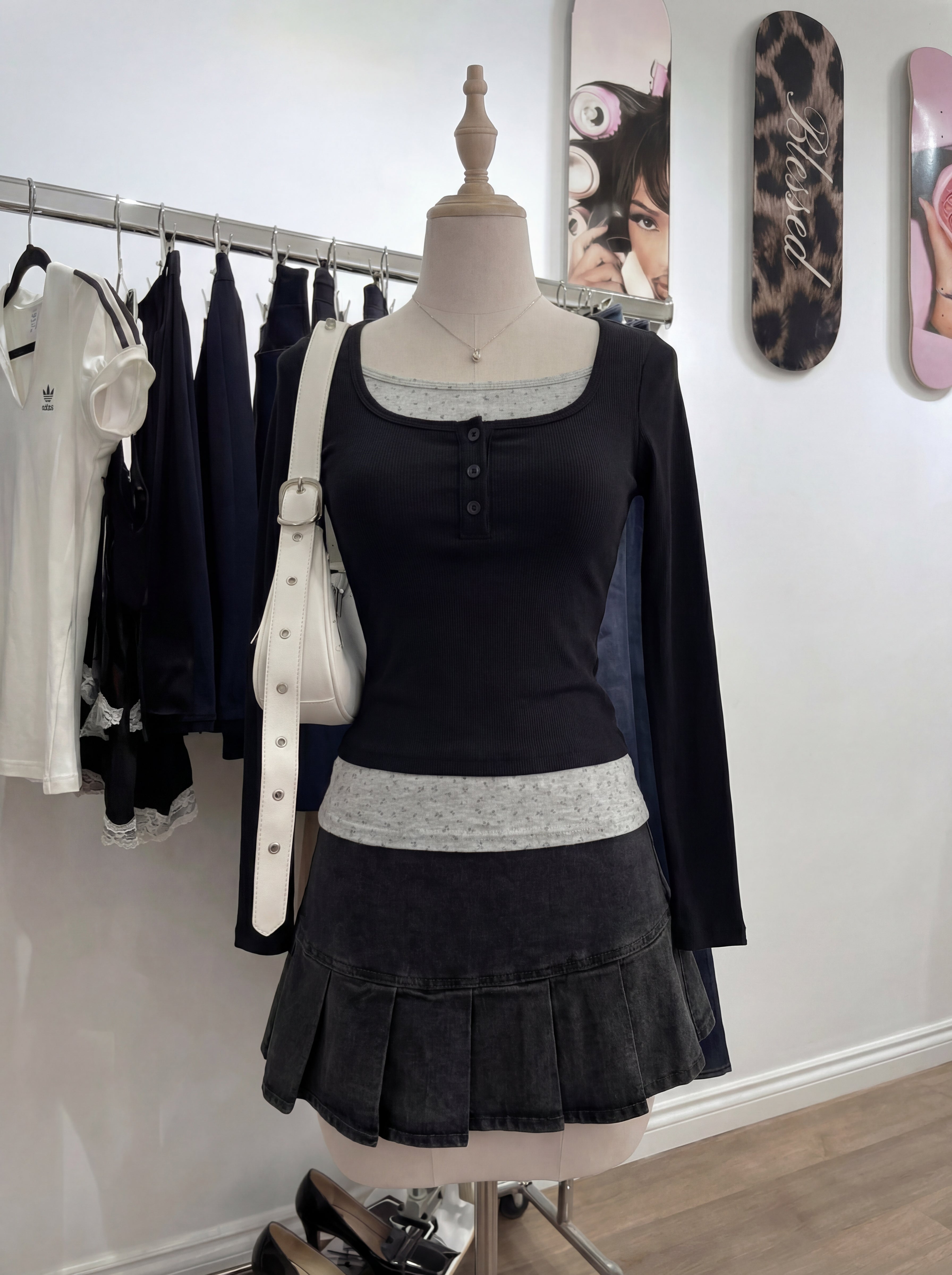 NAVY/BLACK LAYERED HENLEY LONG SLEEVE TOP